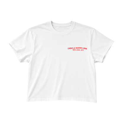 GREAT OUTDOORS WOMEN’S BOXY CROP TEE — WHITE / CABIN RED