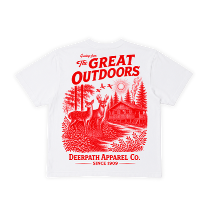 GREAT OUTDOORS WOMEN’S BOXY CROP TEE — WHITE / CABIN RED