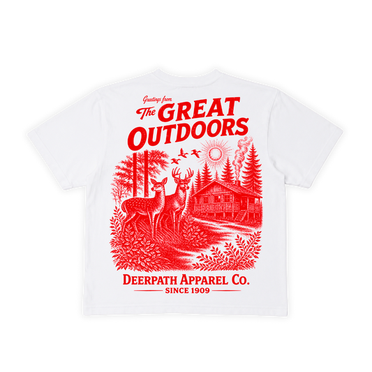 GREAT OUTDOORS WOMEN’S BOXY CROP TEE — WHITE / CABIN RED