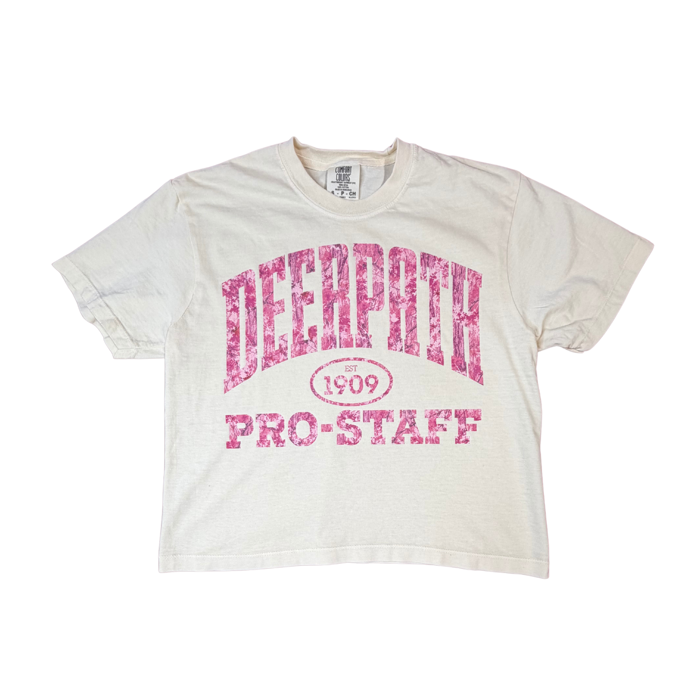 PRO-STAFF PINK CAMO BOXY CROP TEE — HERITAGE CREAM