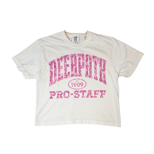 PRO-STAFF PINK CAMO BOXY CROP TEE — HERITAGE CREAM
